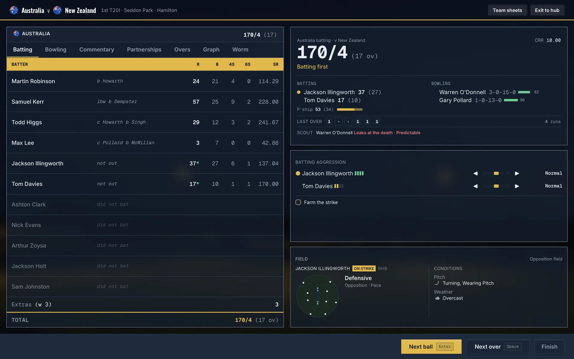 Cricket Team Manager’s live match screen showing the scorecard, field settings and ball-by-ball controls